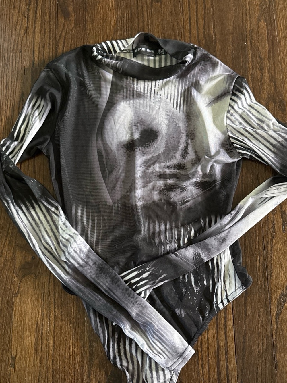 PrettyLittleThing Black & Gray Graphic Long Sleeve Mesh Bodysuit
